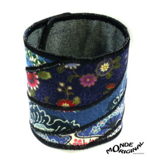 Bracelet manchette vagues en patchwork de tissus japonais et liberty tons bleus