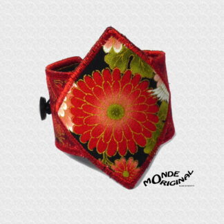 Bracelet manchette en tissus japonais rouge et cuir