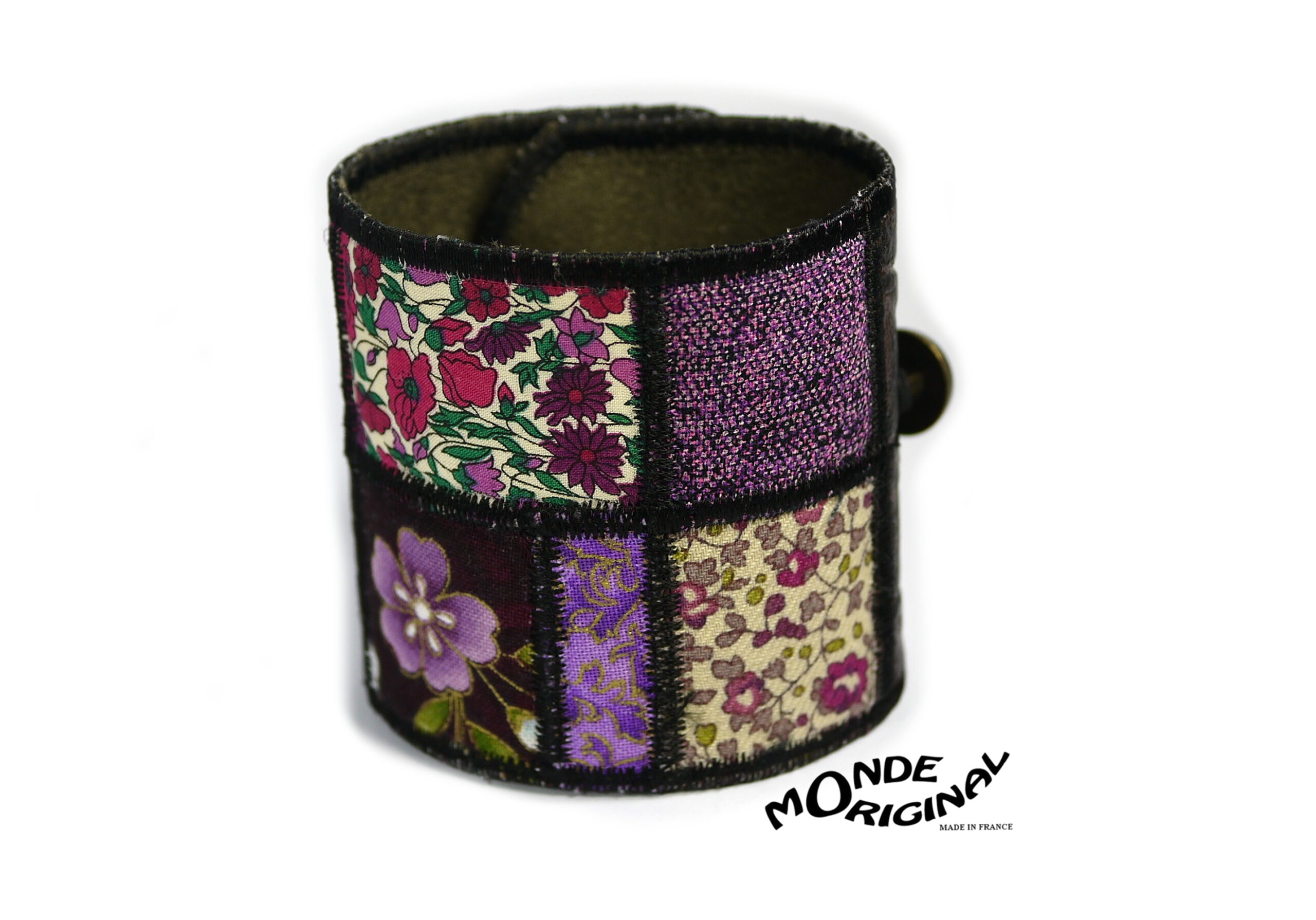 Bracelet manchette en tissu liberty et japonais brodé tons violet – Image 2