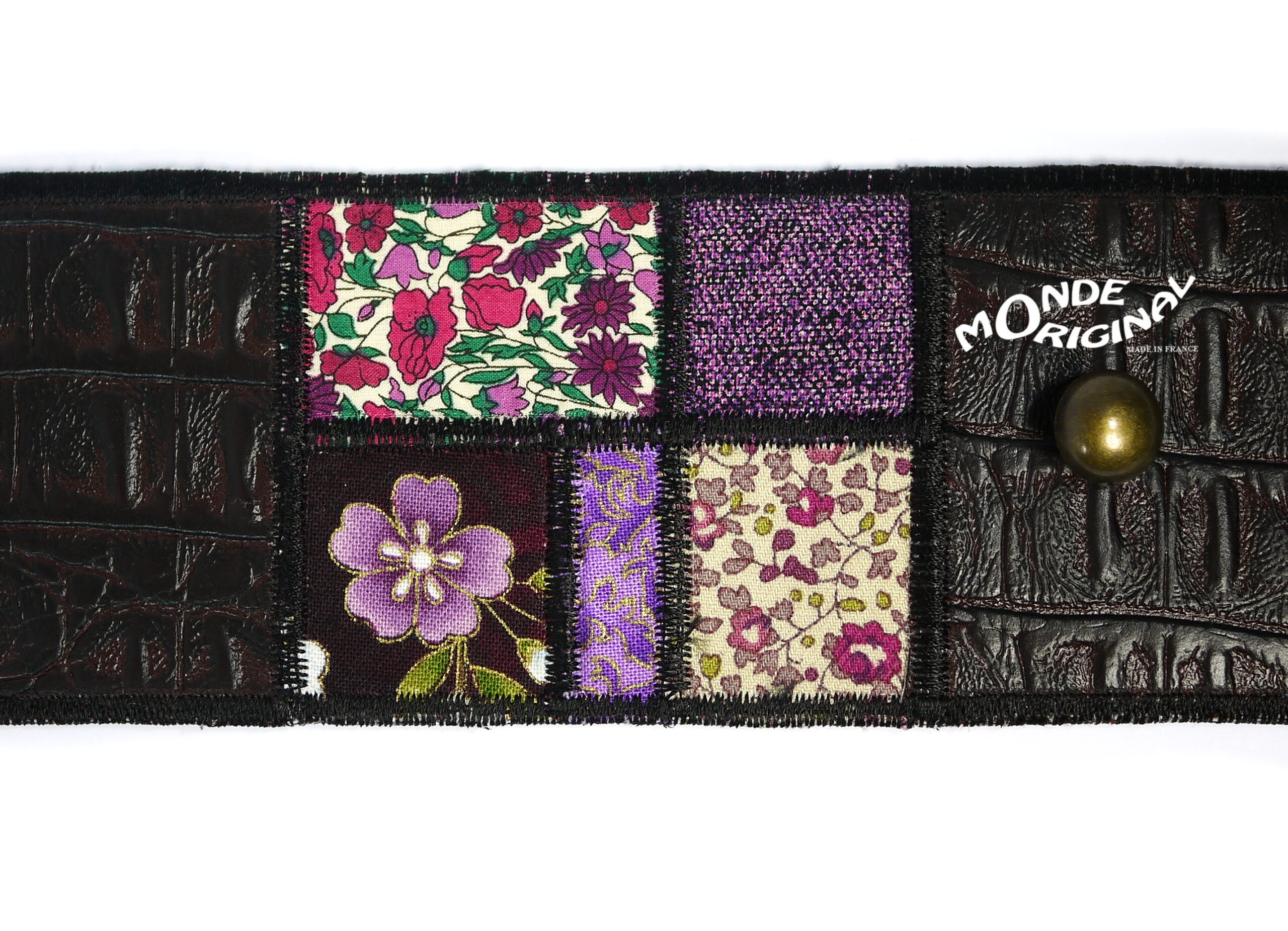 Bracelet manchette en tissu liberty et japonais brodé tons violet – Image 3