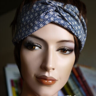 Bandeau turban bleu en tissu motifs japonais