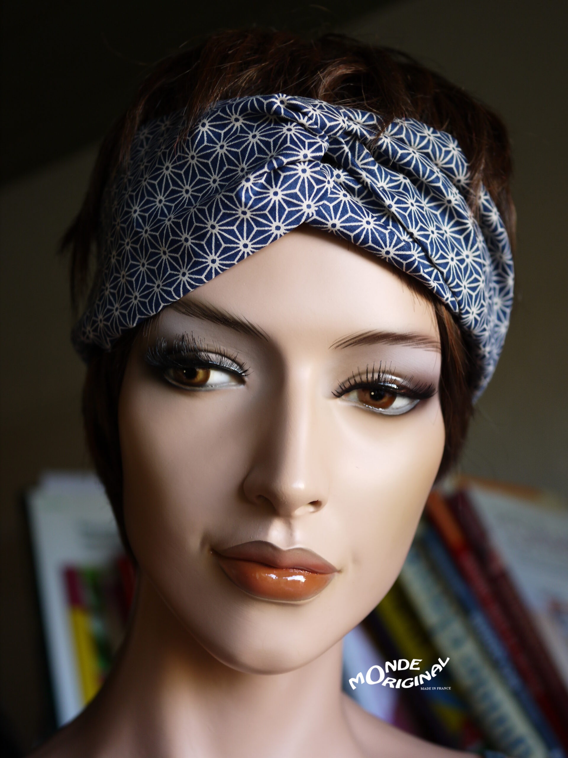 Bandeau turban bleu en tissu motifs japonais