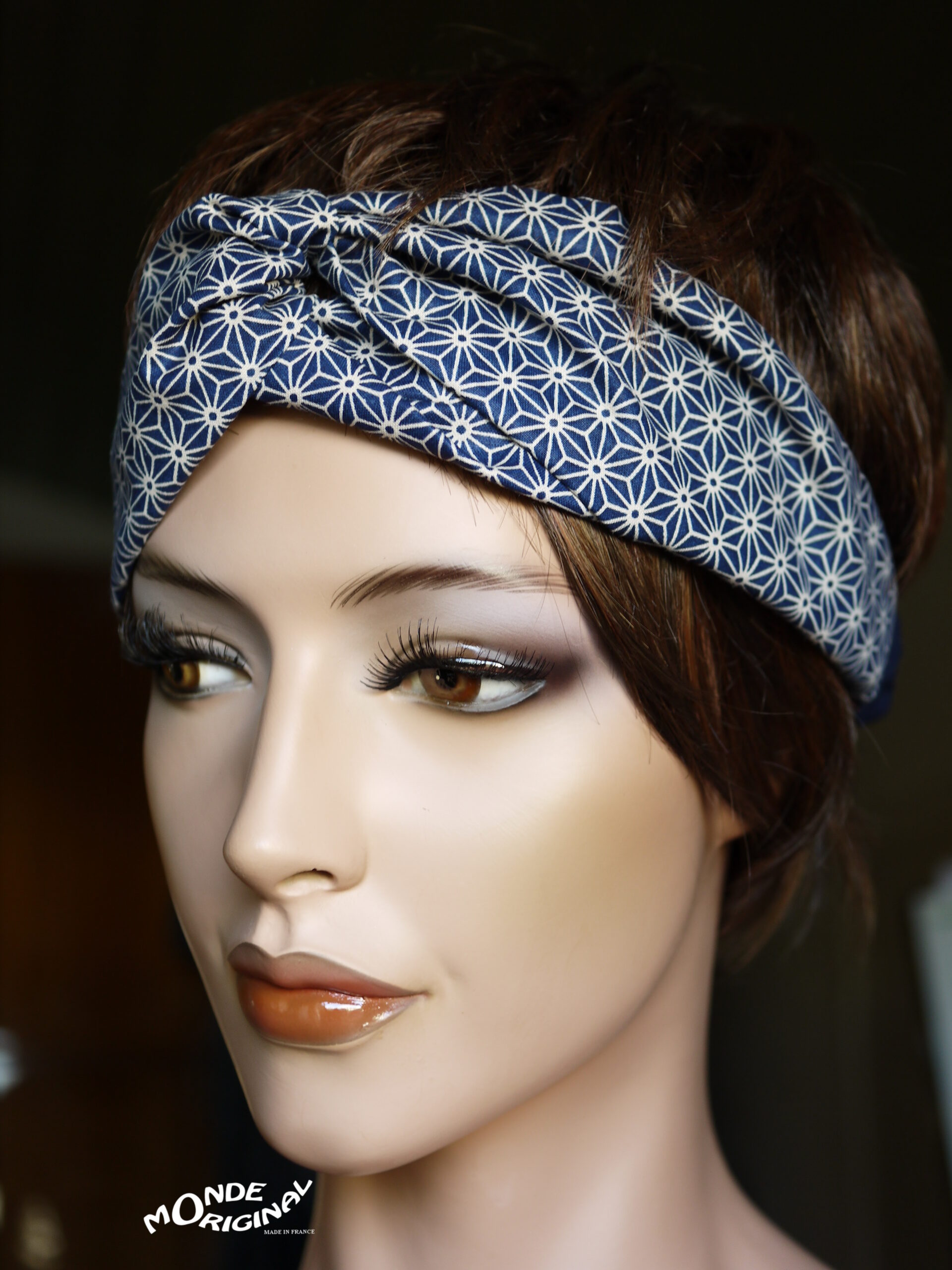 Bandeau turban bleu en tissu motifs japonais – Image 2