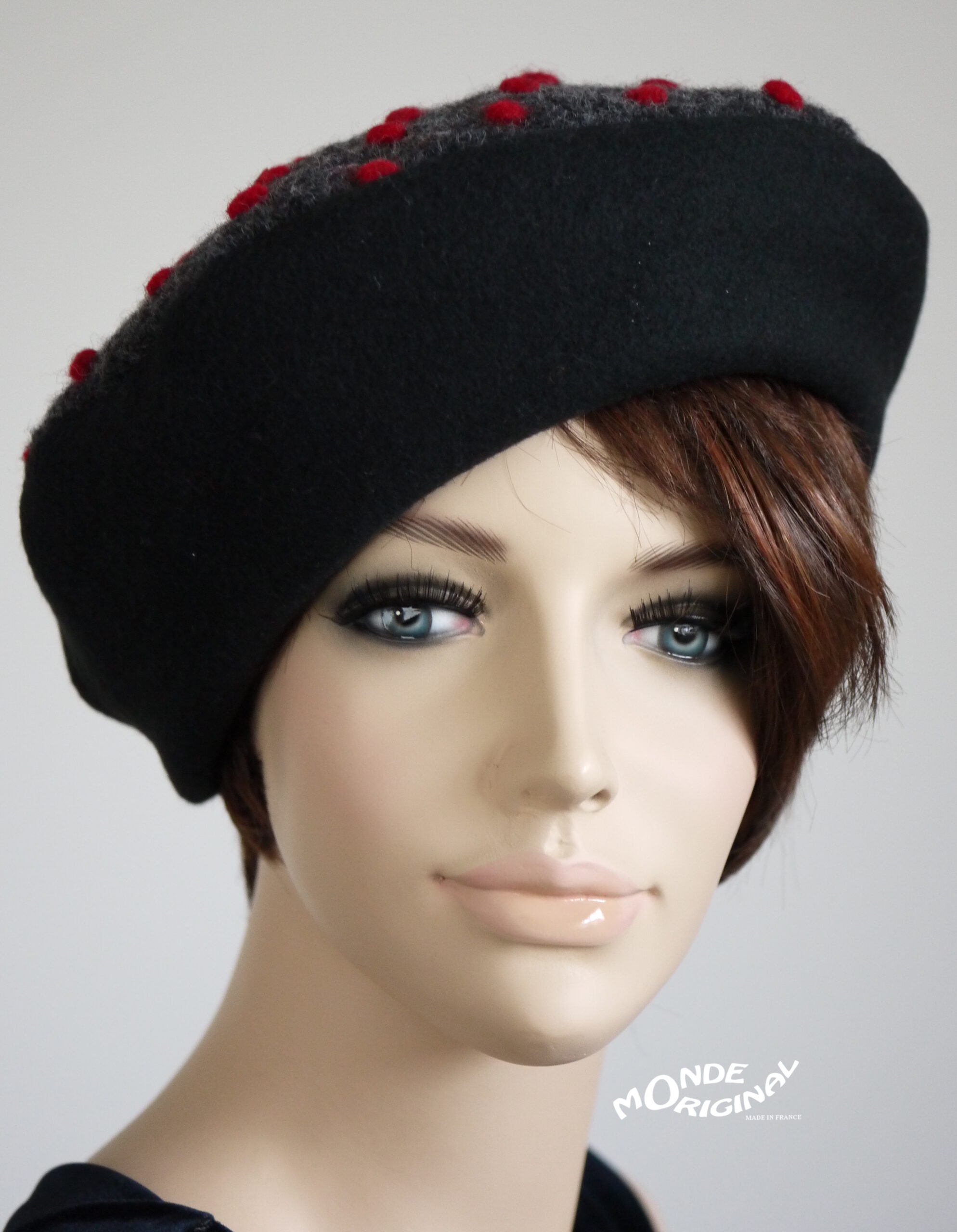 Béret en laine rouge gris noir – Image 2