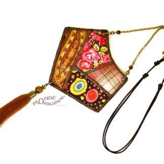 Collier patchwork en tissus marron