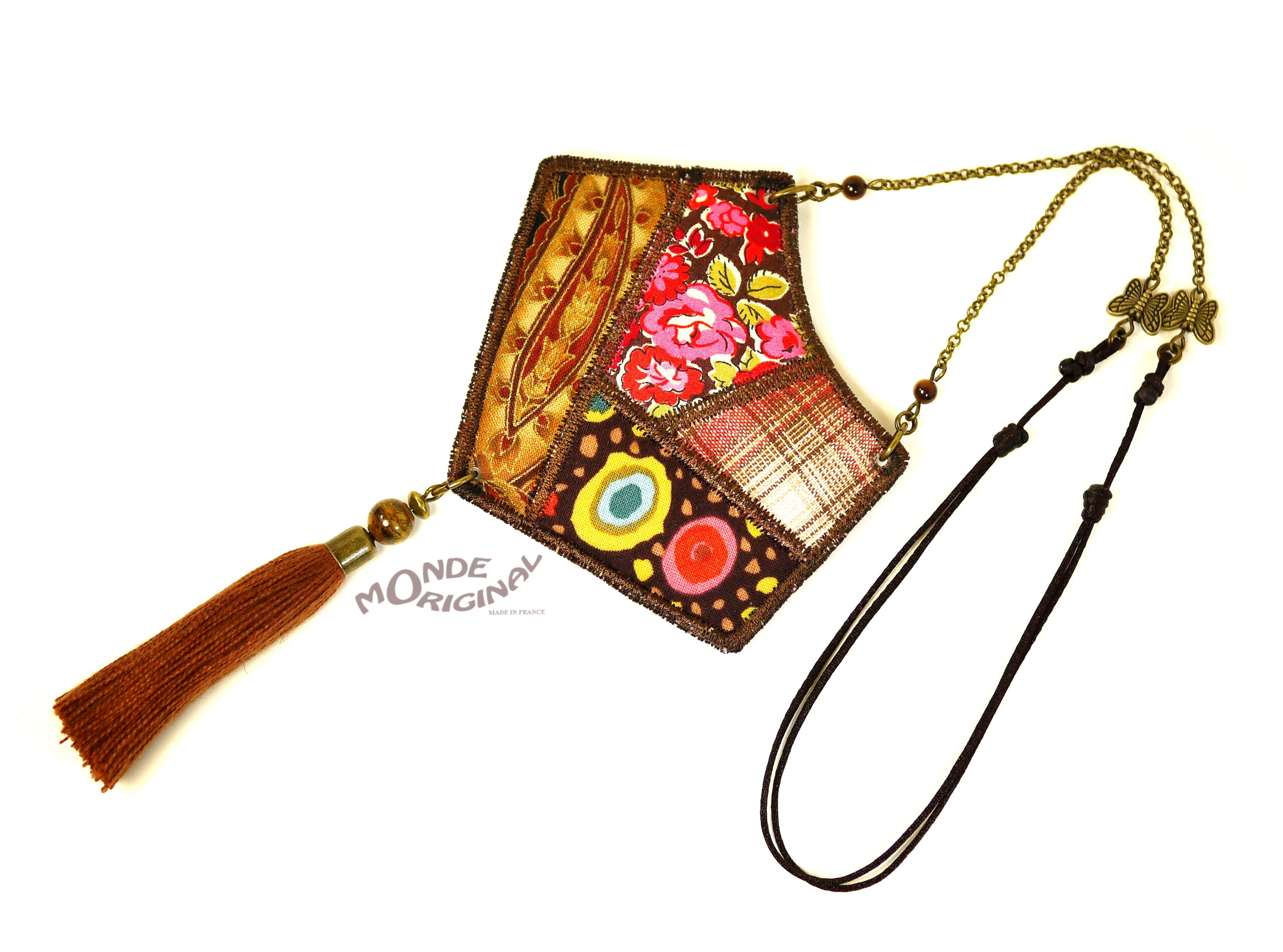 Collier patchwork en tissus marron