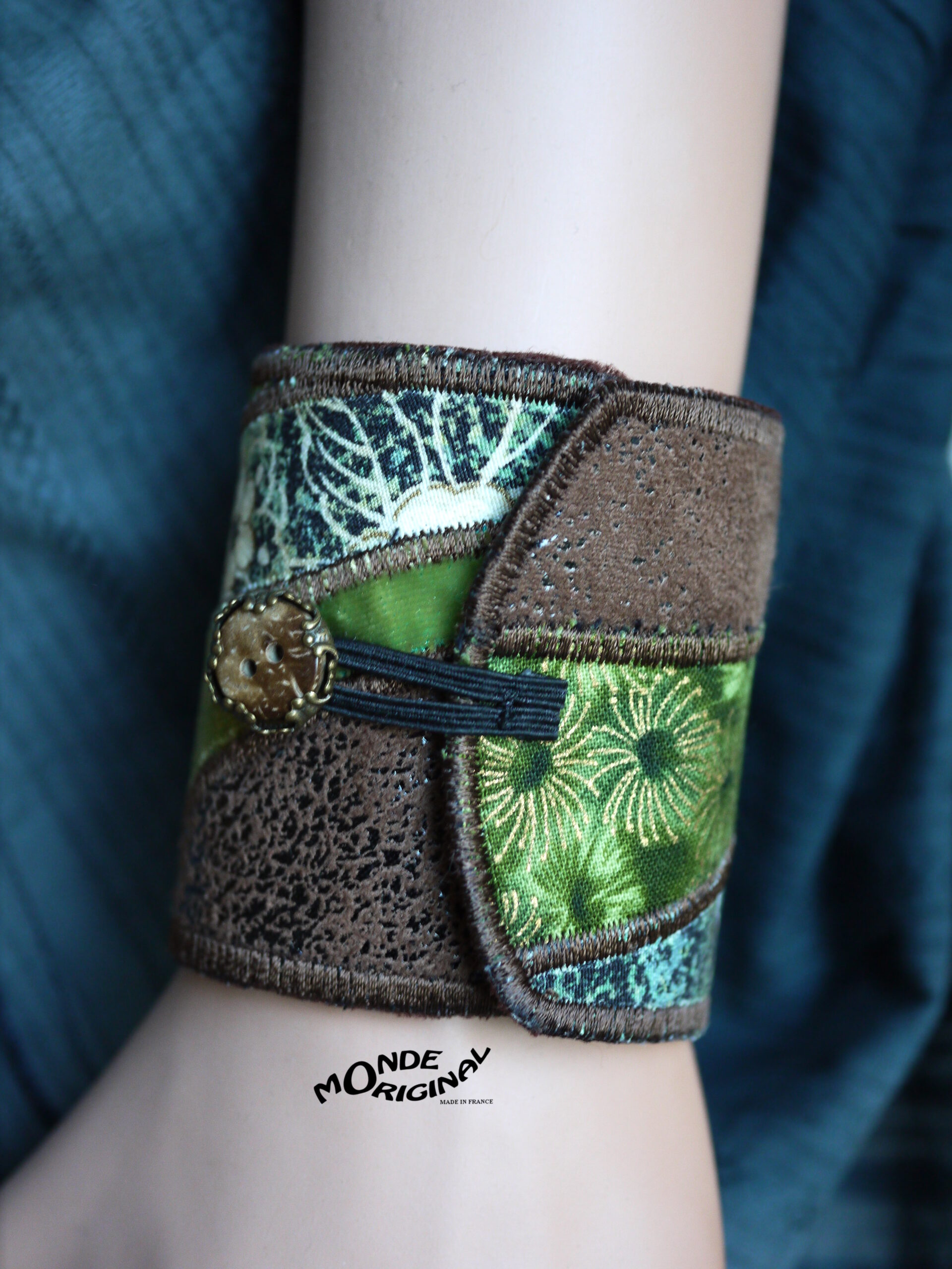 Bracelet manchette brodé en soie et tissu japonais vert marron, Bracelet textile – Image 3
