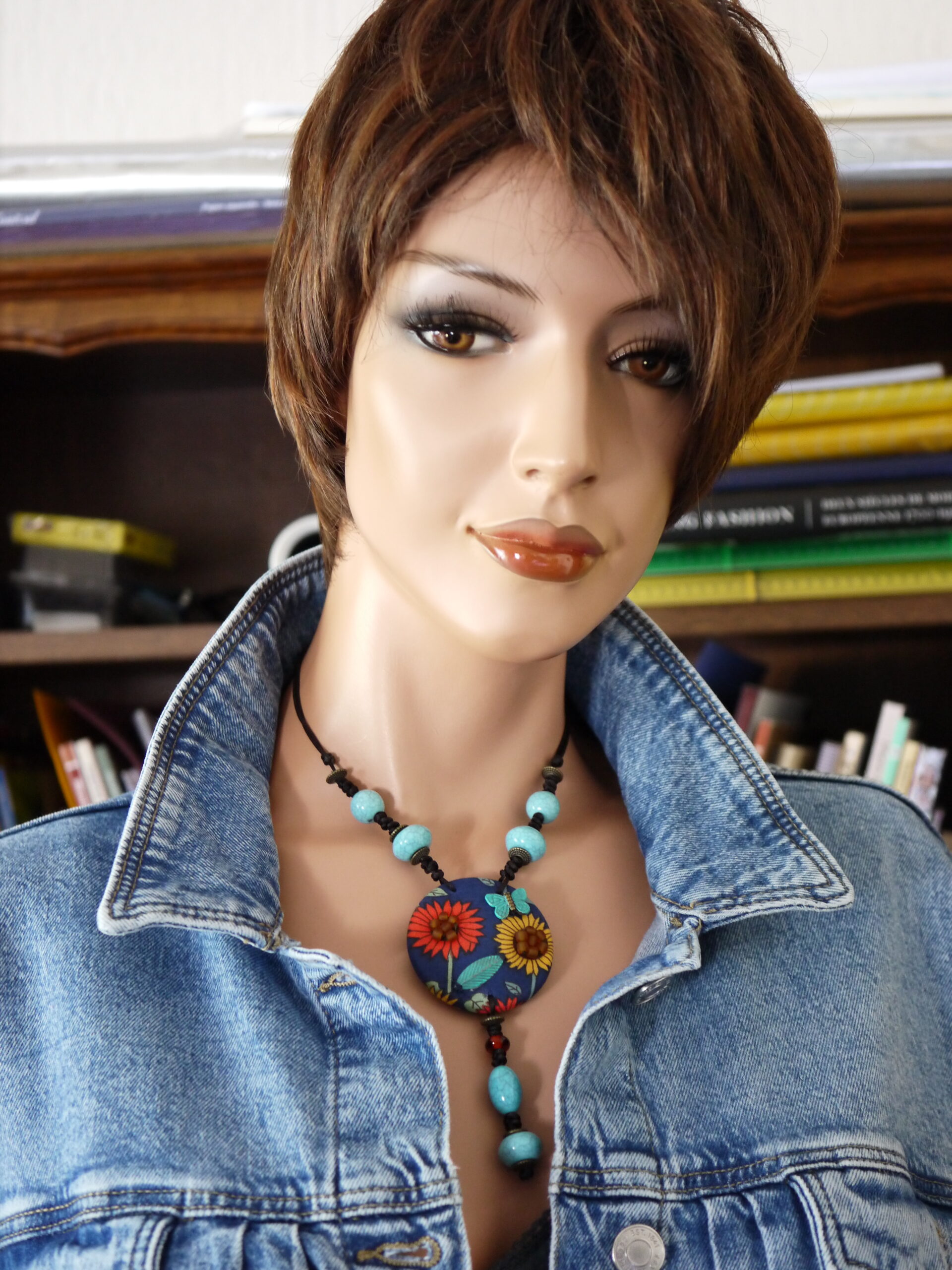 Collier artisanal tournesols, collier en tissu tournesols, collier fait main en tissu – Image 6